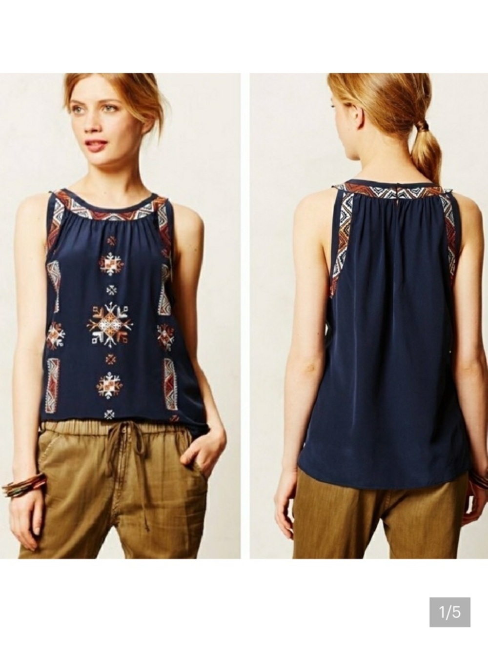 Anthropologie Meadow Rue Donka Silk Tank Top Navy Embroidered Boho Small